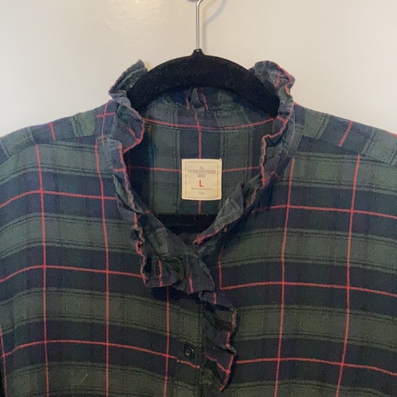 Gap red, green, and navy plaid button up shirt with ruffle detailing - Picture 3 of 6